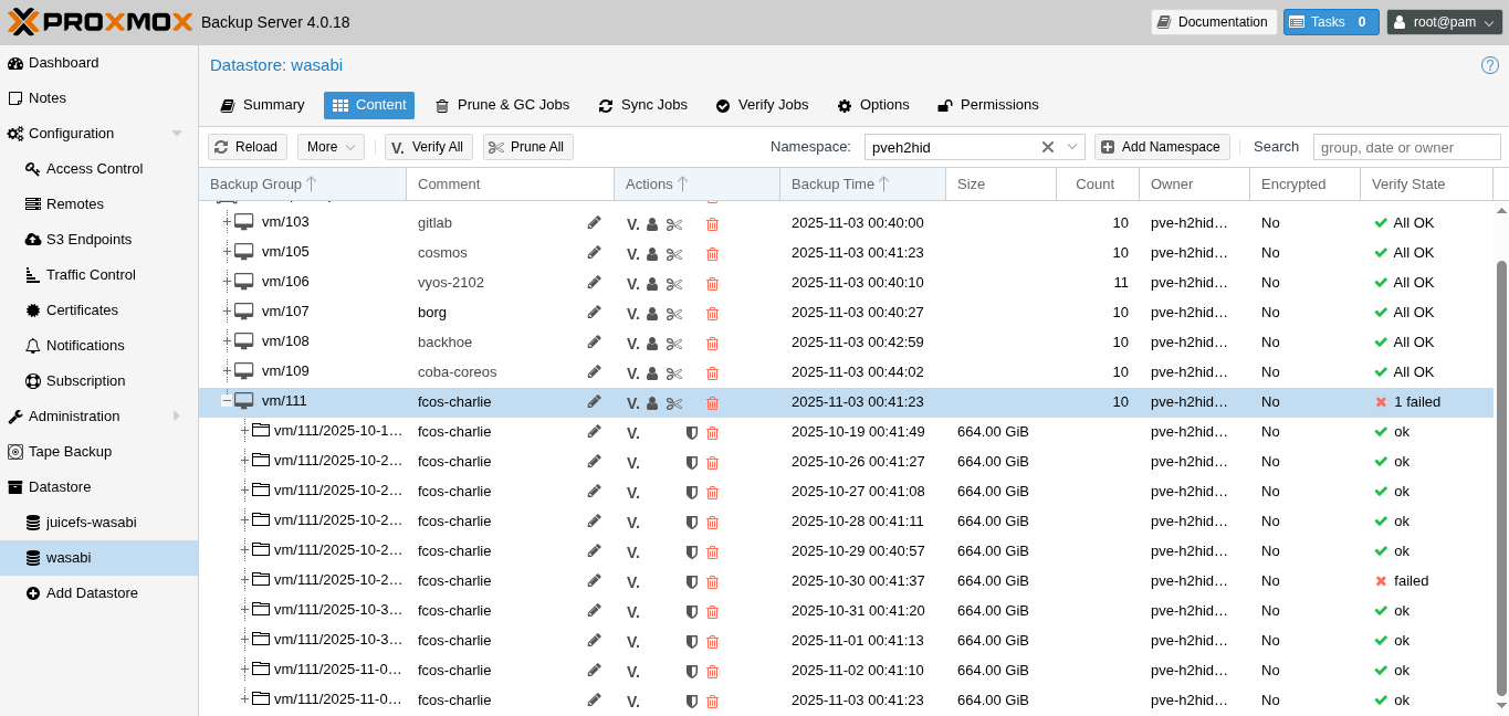 Tampilan isi dari sebuah datastore di PBS